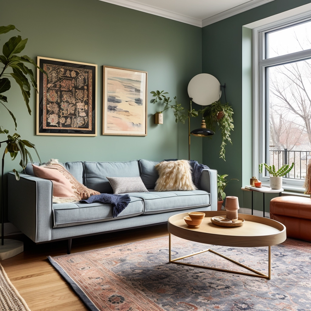 sage green and blue living room