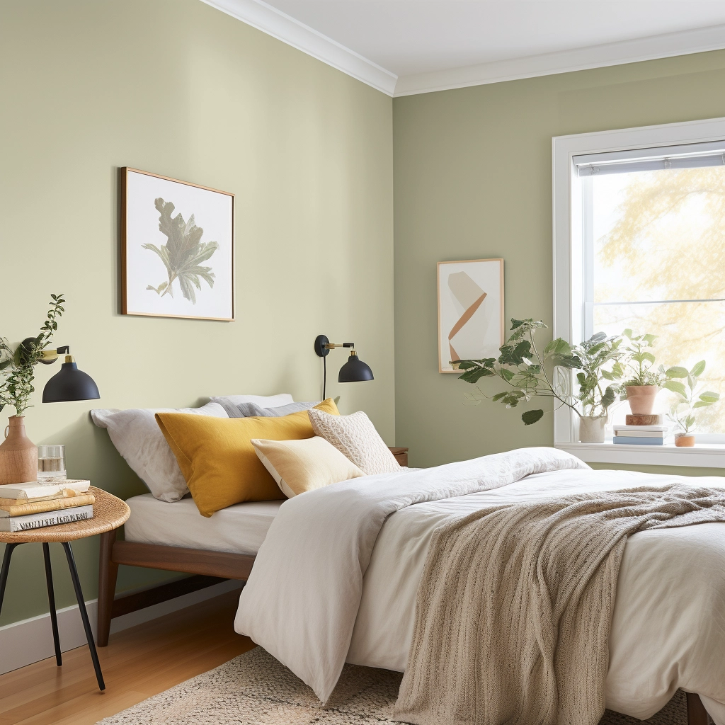sage green bedroom with yellow pillow