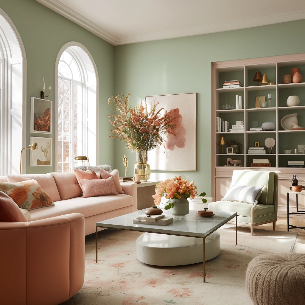 sage green living room with pink accents
