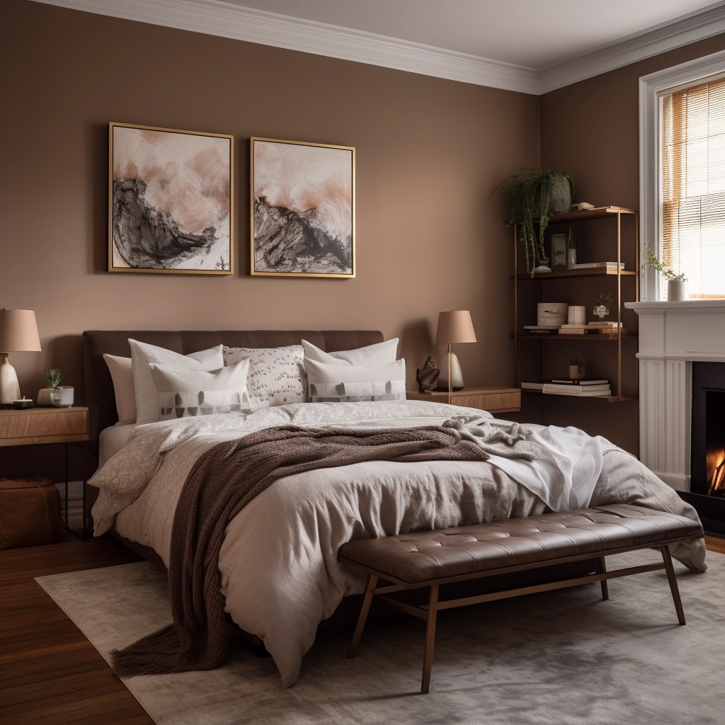 a calm bedroom with brown walls