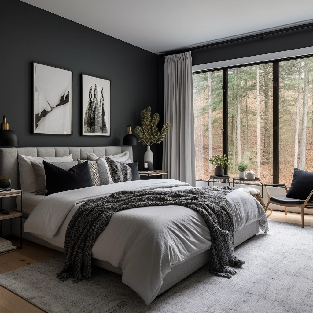a calm bedroom with charcoal gray walls