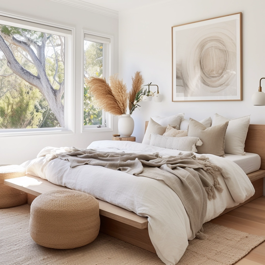 a calm bedroom with warm white walls