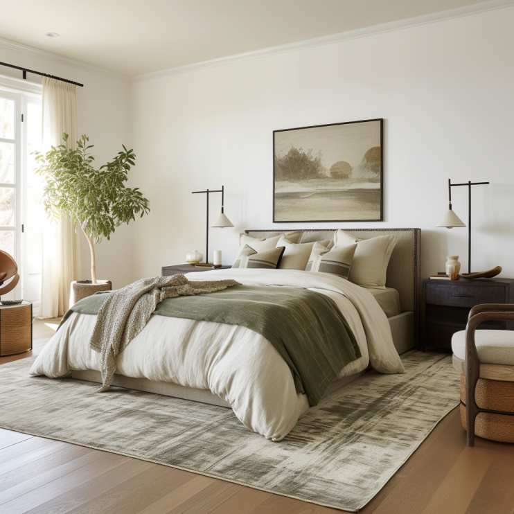 bedroom with beige walls and olive green accents