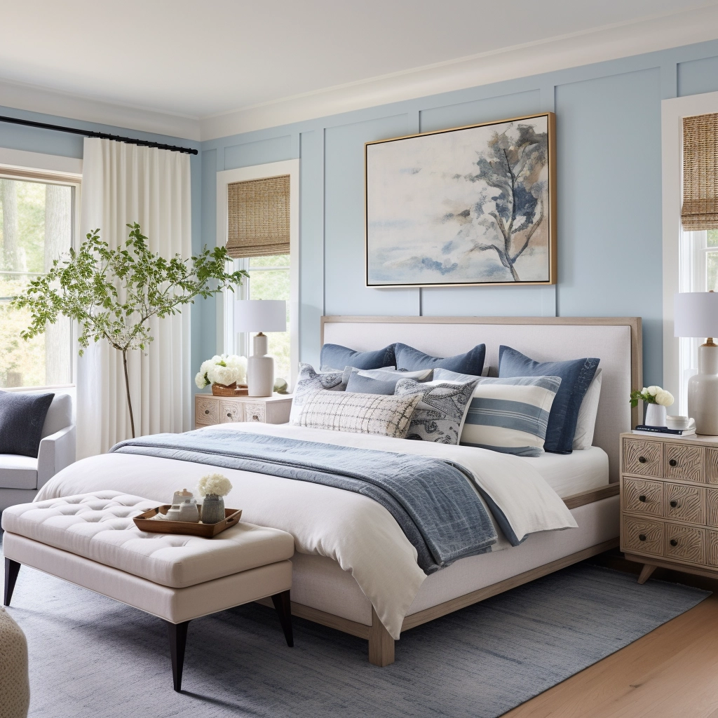 bedroom with light blue walls and navy blue accent decor