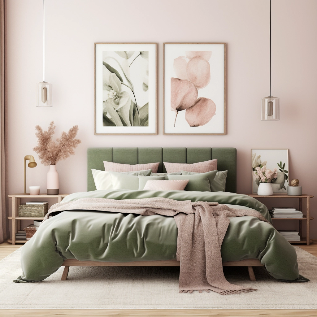 blush and olive green bedroom