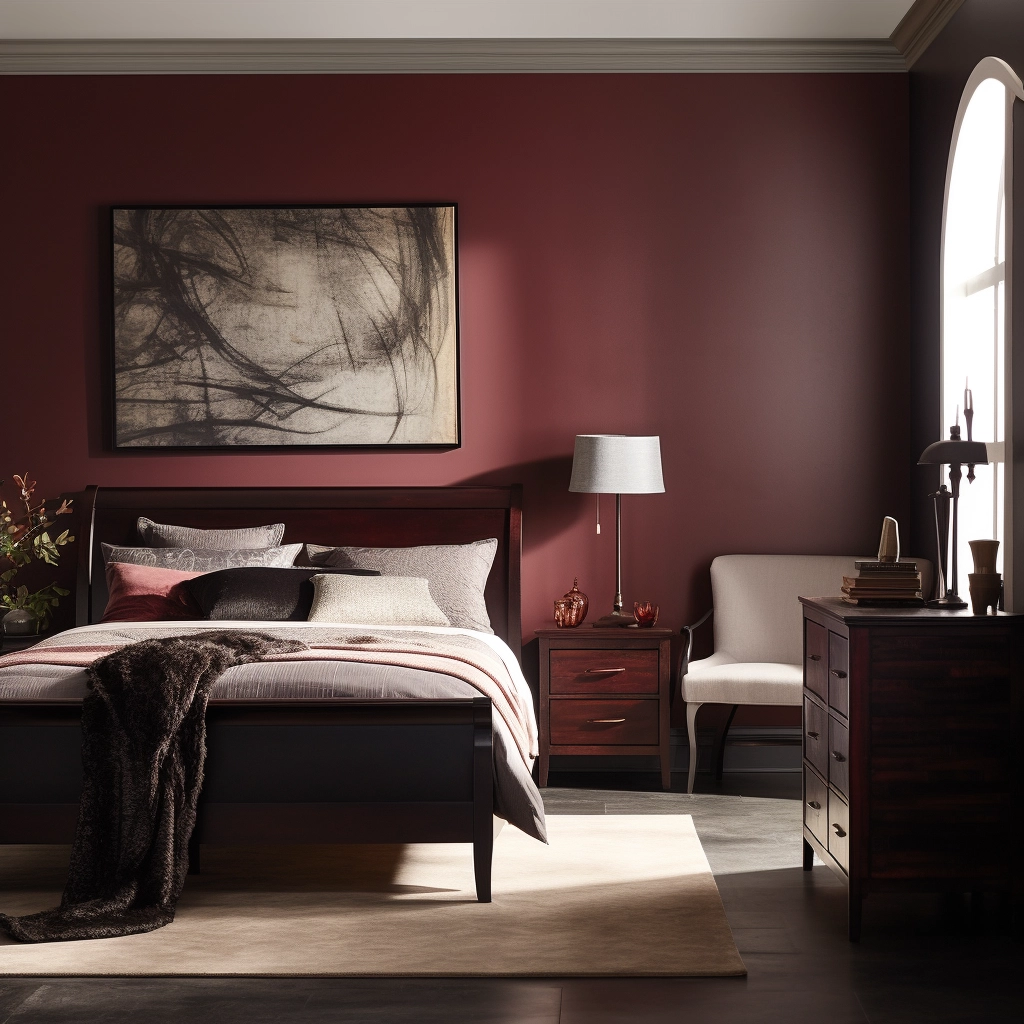 burgundy bedroom with dark wood furniture
