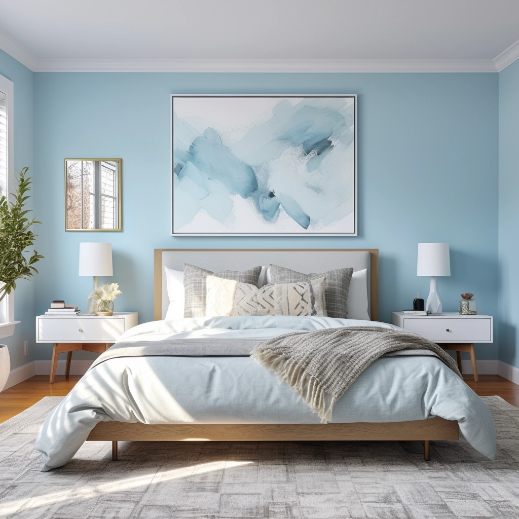 calm bedroom with light blue walls