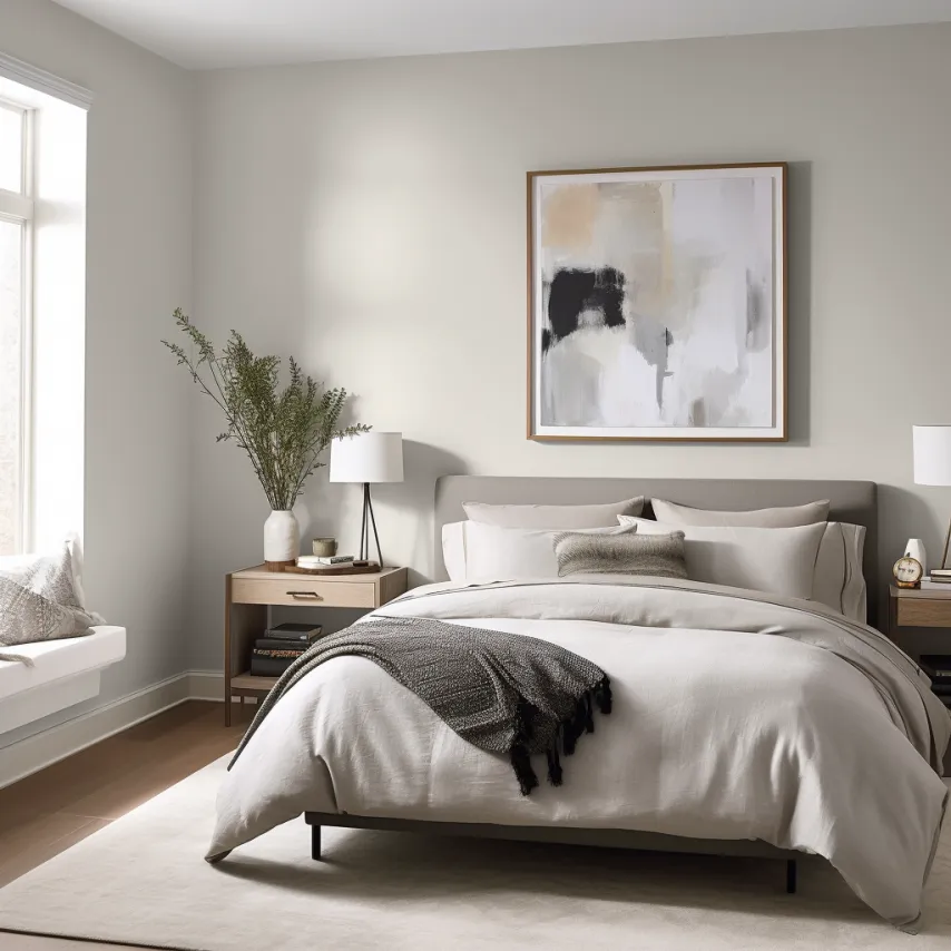 calm bedroom with light gray walls