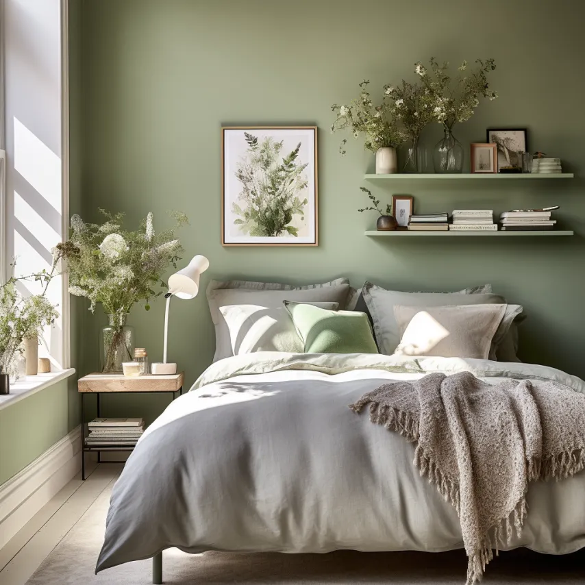 calm bedroom with sage green walls