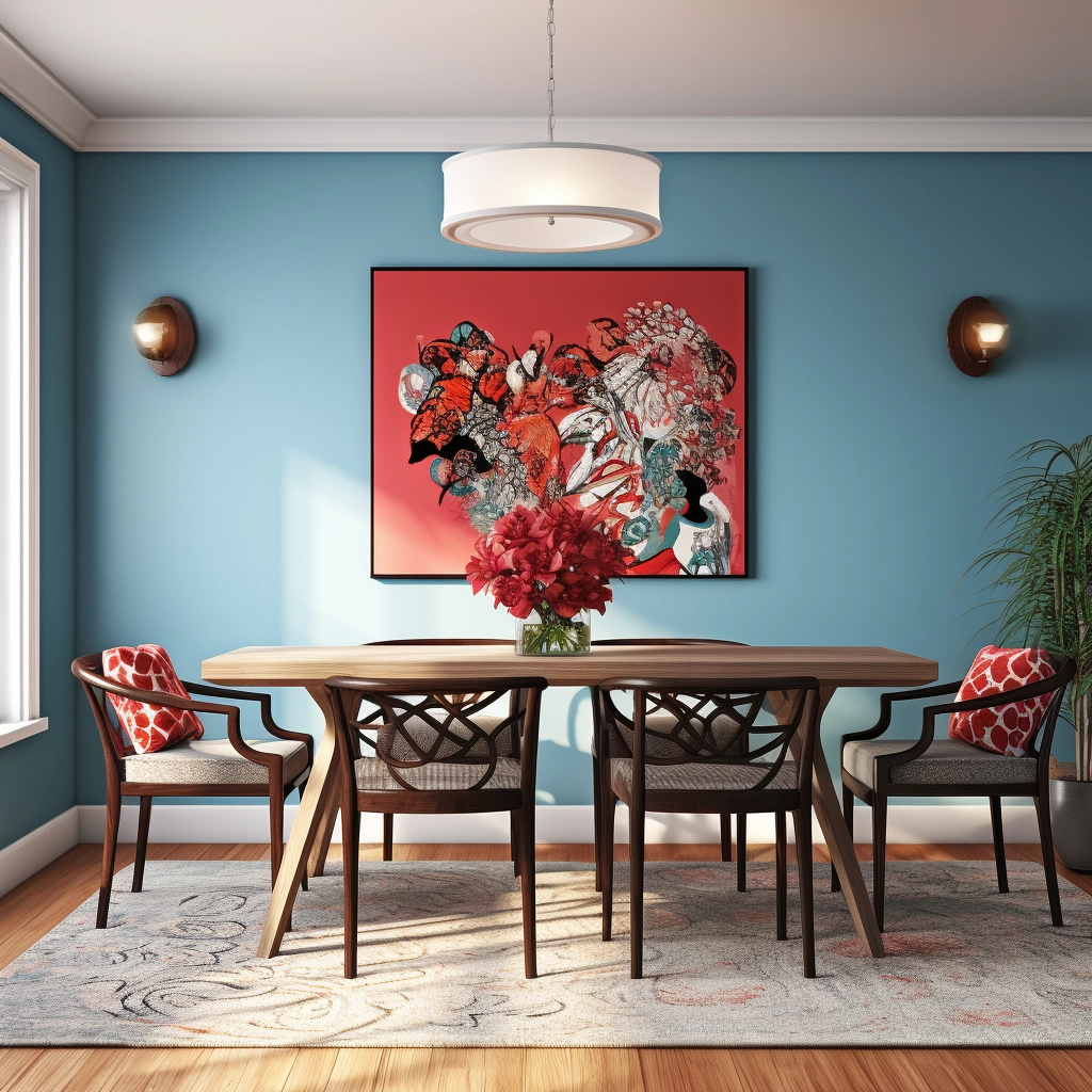 dining room with light blue walls and red accents