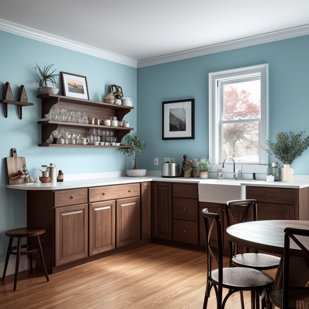kitchen with light blue walls and dark brown cabinets