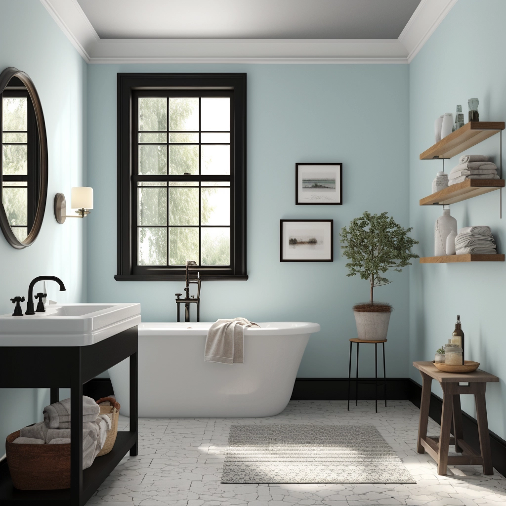 light blue bathroom with black accents