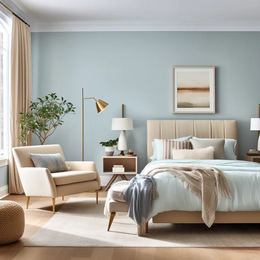 light blue bedroom with beige accents