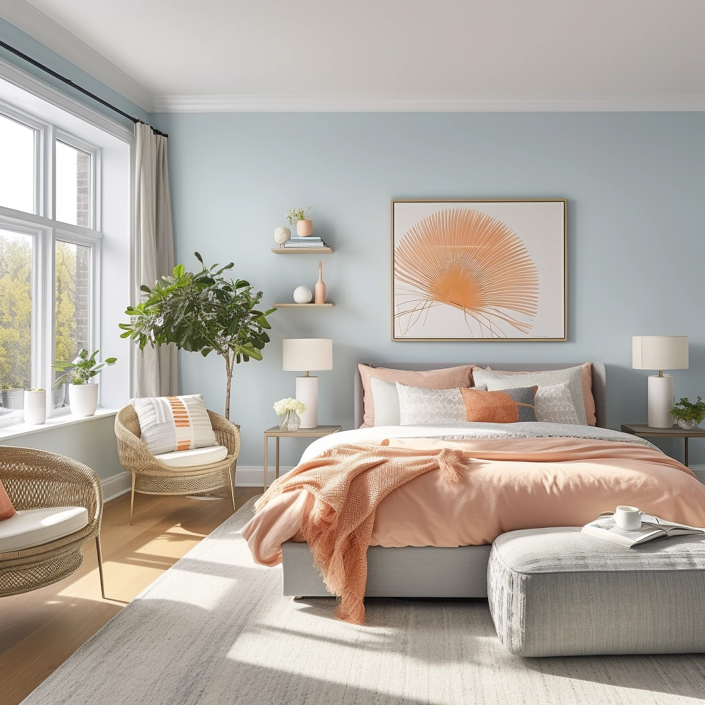 light blue bedroom with peach accents