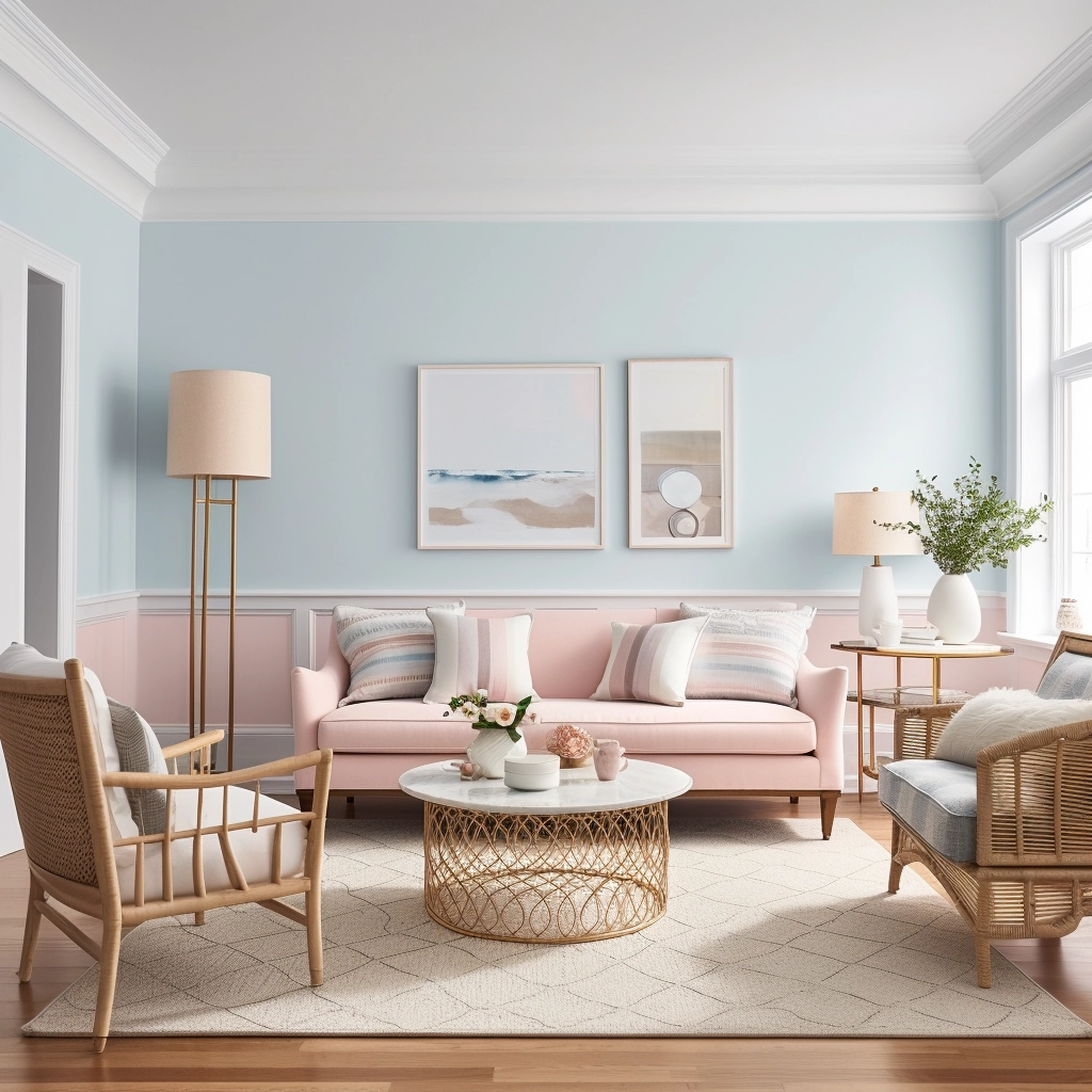 light blue living room with blush accents