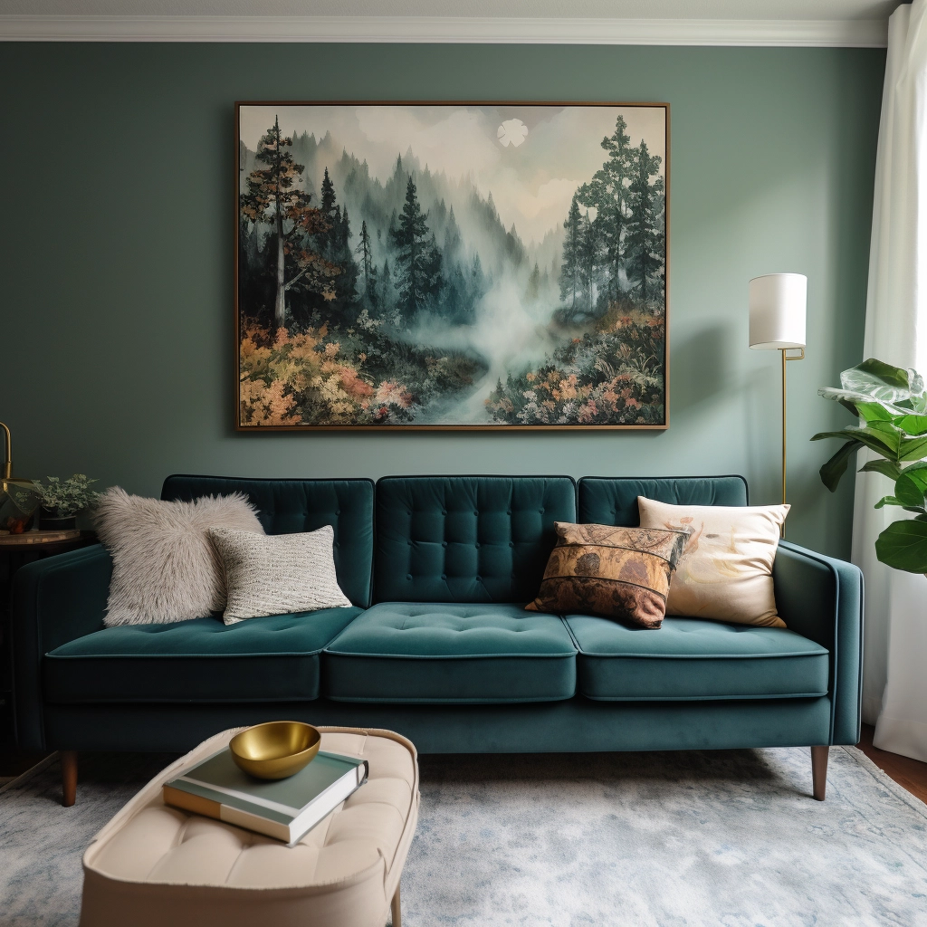 light blue living room with dark green accents