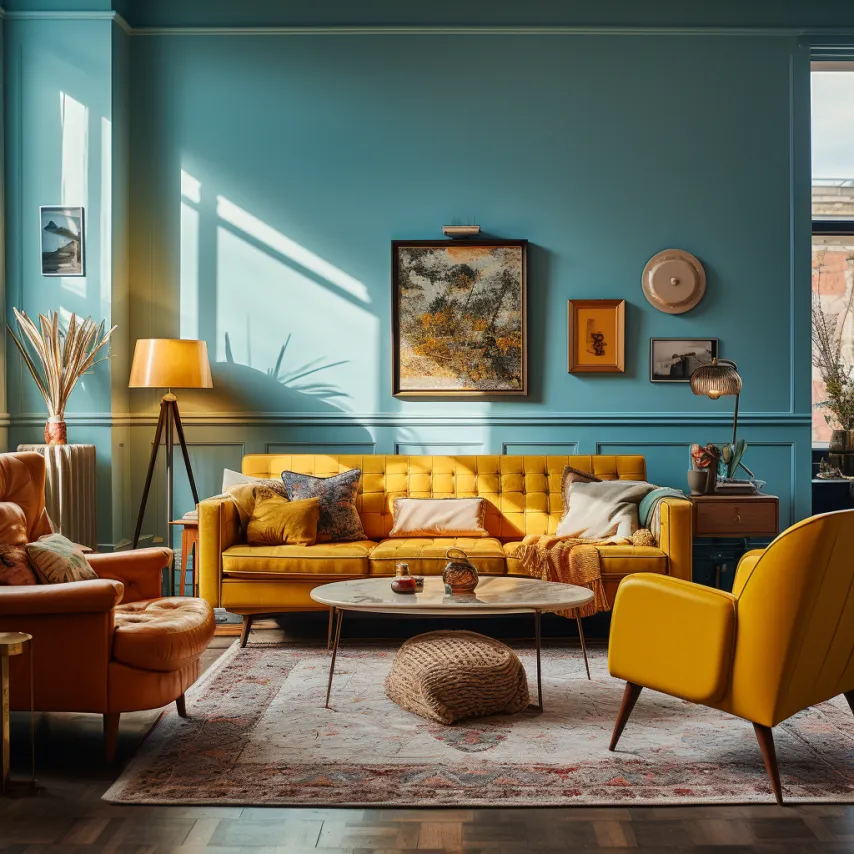 light blue living room with mustard yellow accents