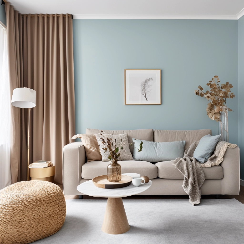light blue living room with taupe accents