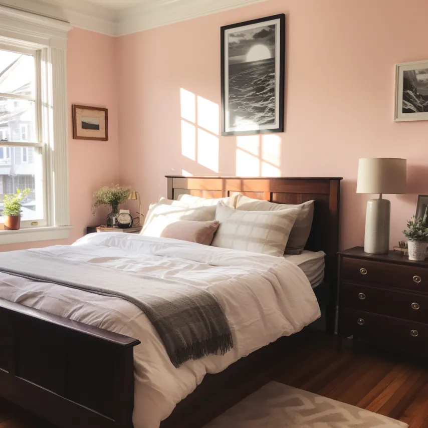 light pink bedroom with dark wood furniture