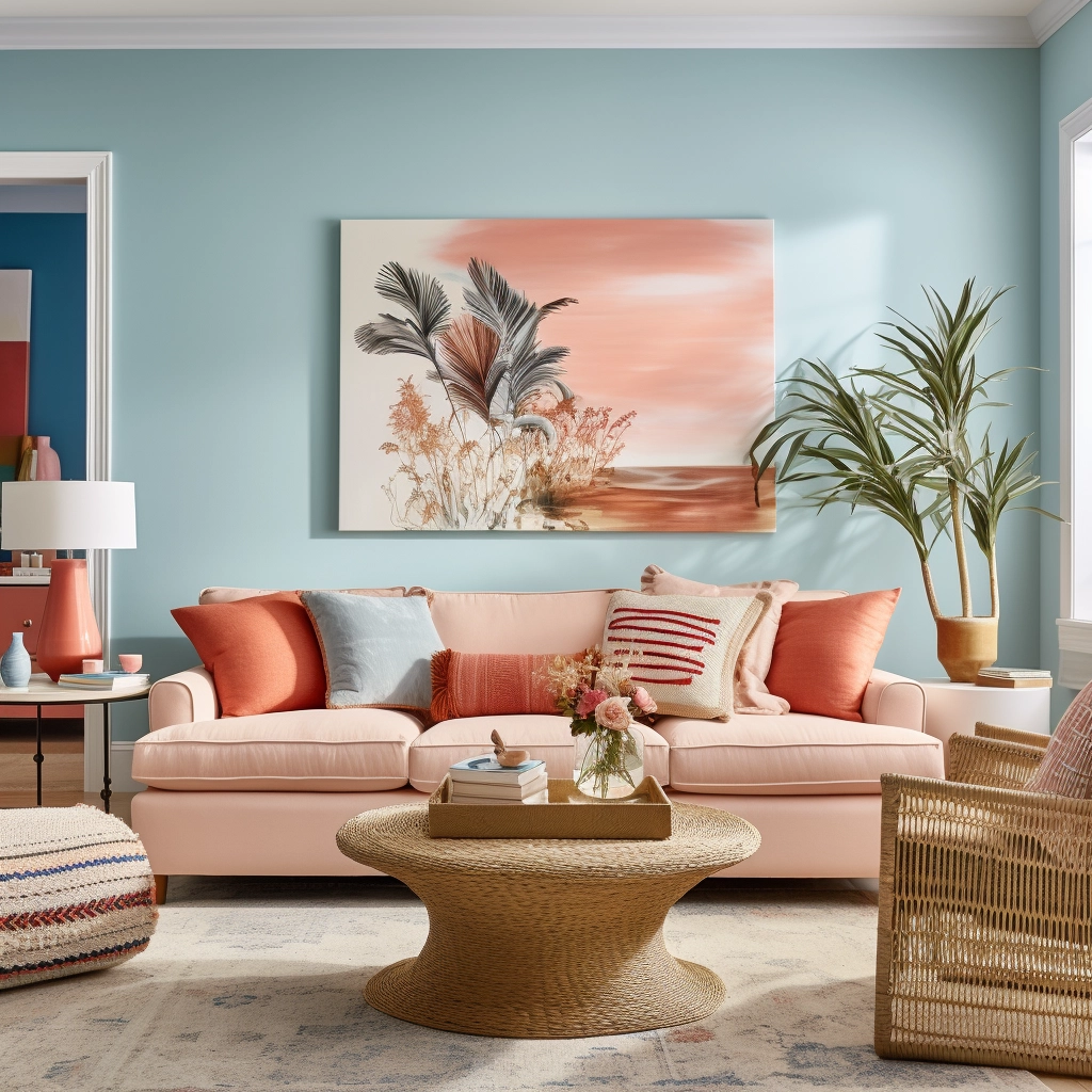living room with light blue walls and coral decor