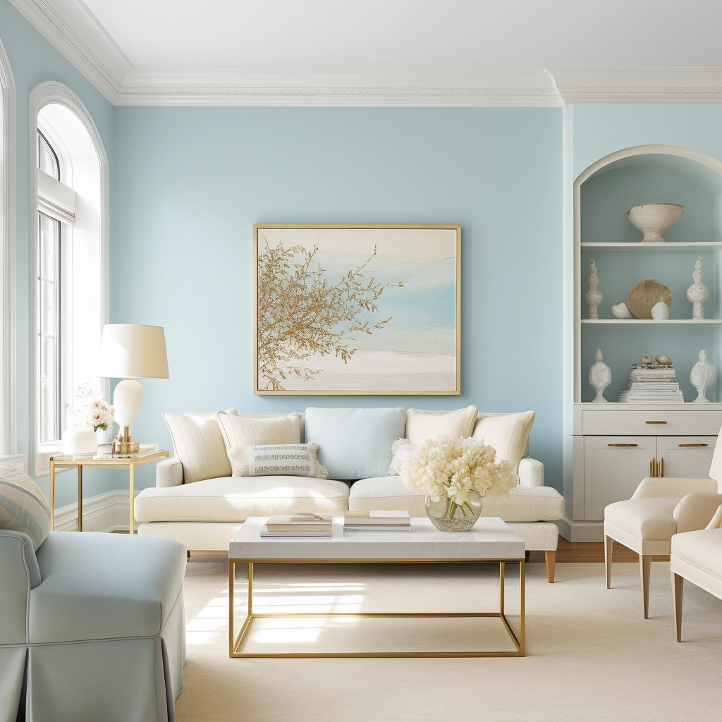 living room with light blue walls and cream accents