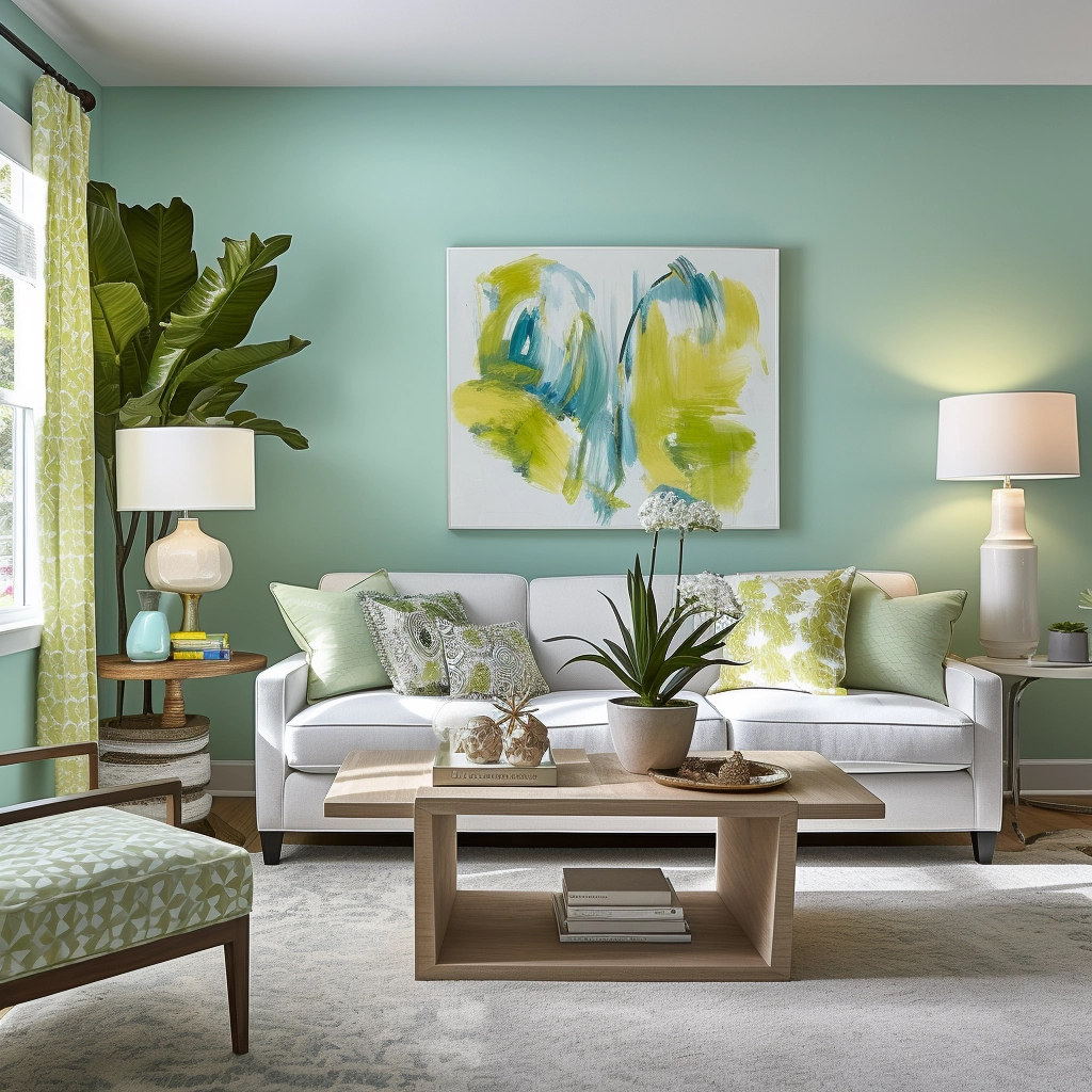 living room with light blue walls and lime green accents