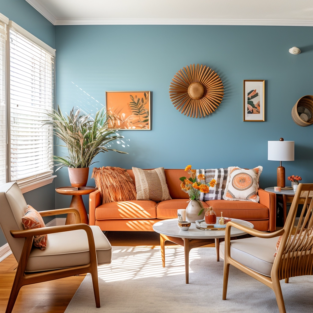 living room with light blue walls and orange accents