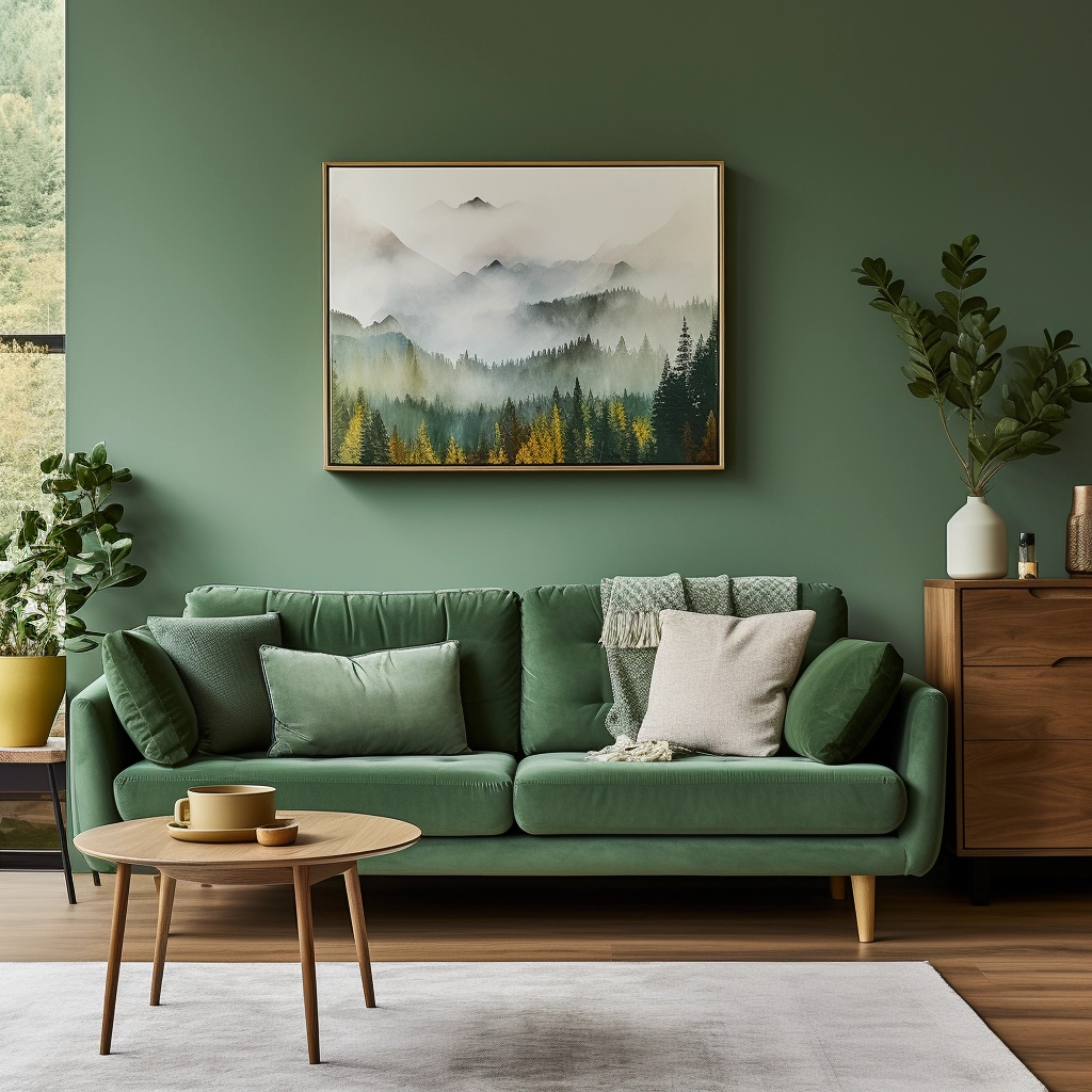 monochromatic layered green living room