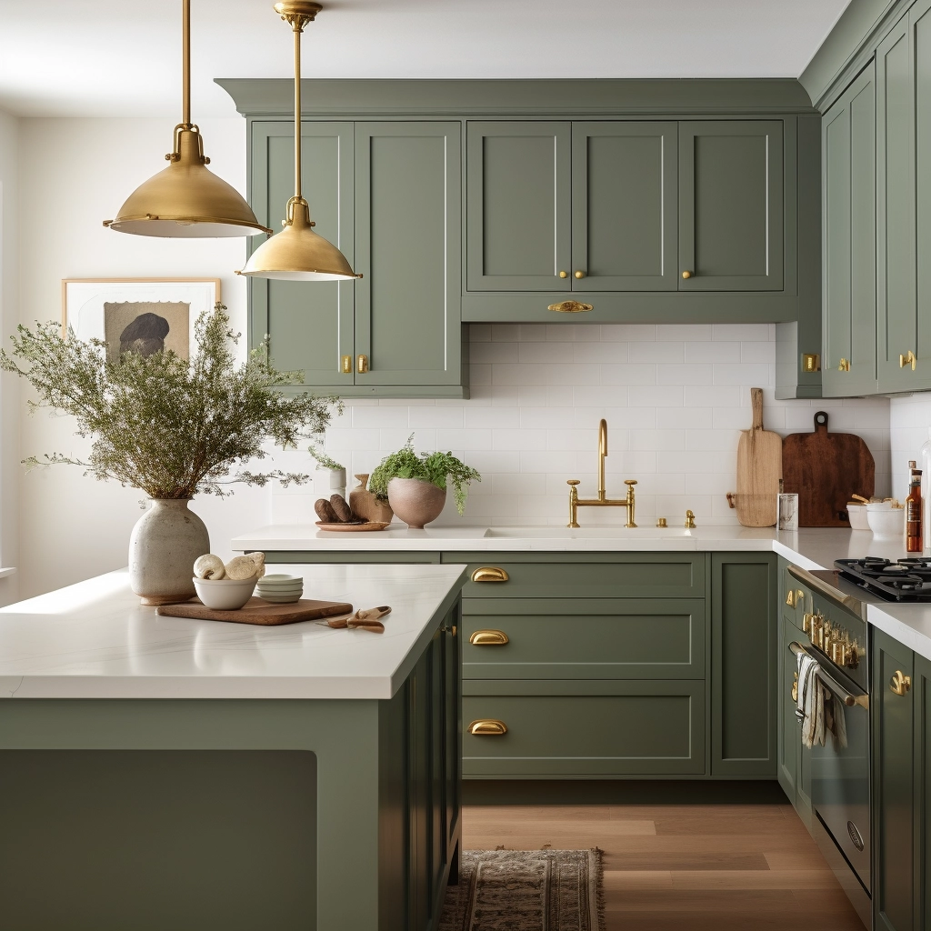 olive green and gold kitchen