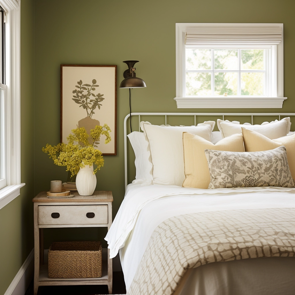 olive green and light yellow bedroom
