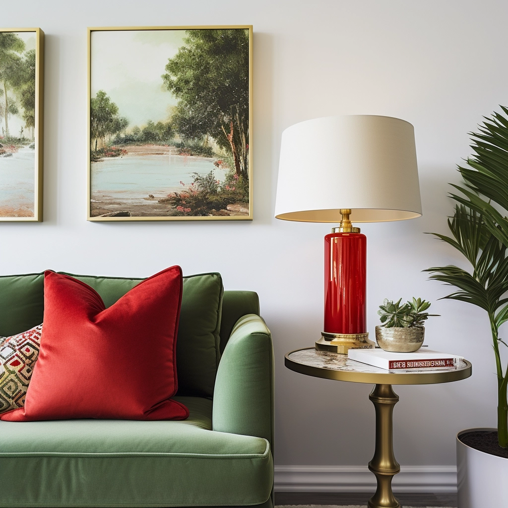 olive green and red living room