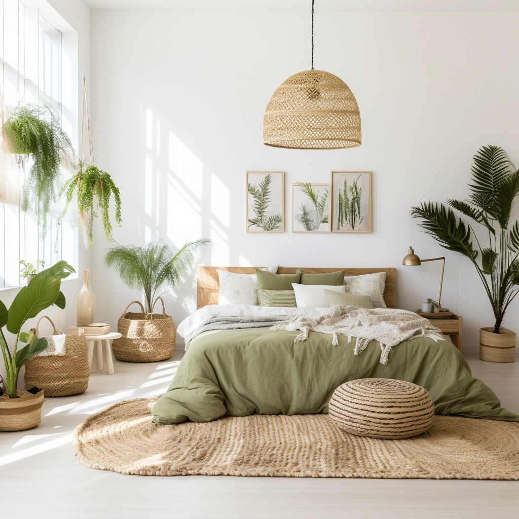 olive green and white boho bedroom