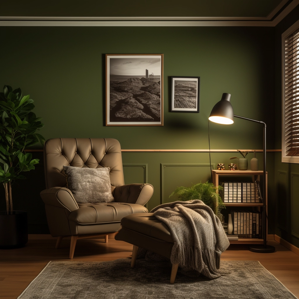 olive green living room with khaki chair