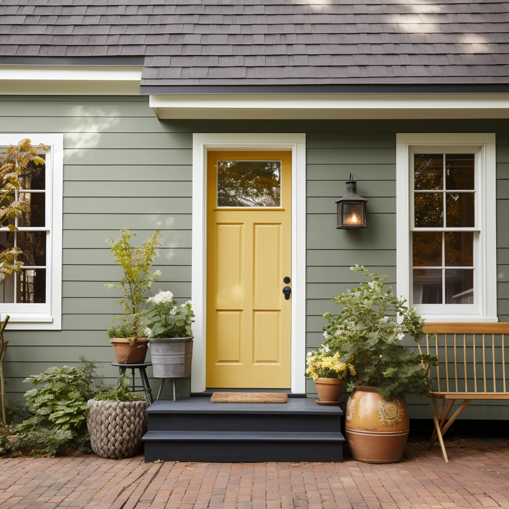 sage green exterior with a mustard yellow door