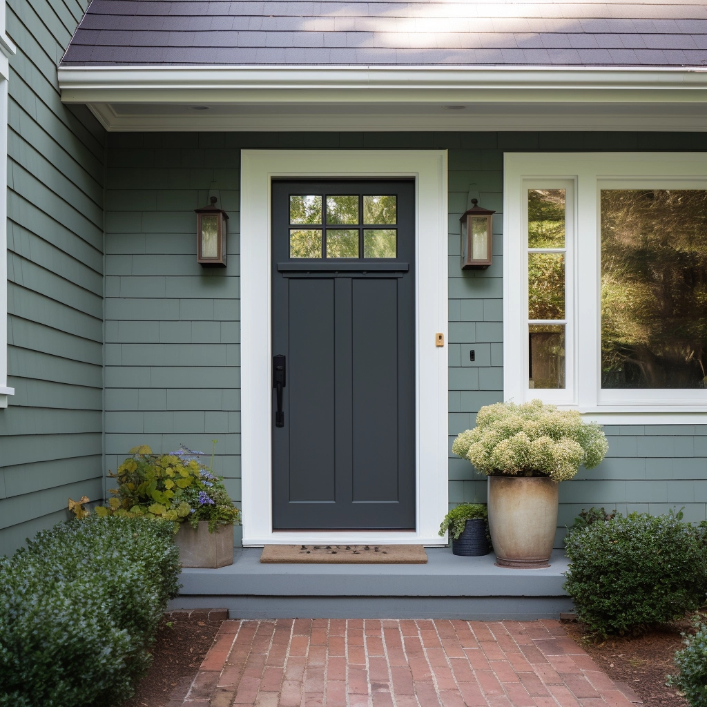 sage green home exterior with a charcoal gray front door