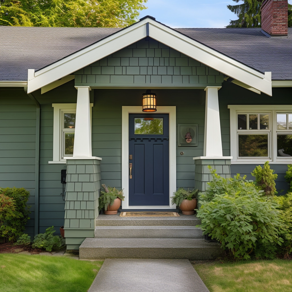sage green home exterior with a navy blue front door