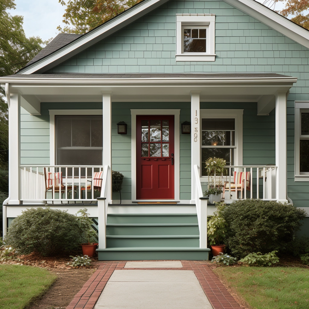 sage green home exterior with a red front door