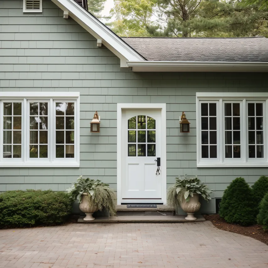 sage green home exterior with a white front door