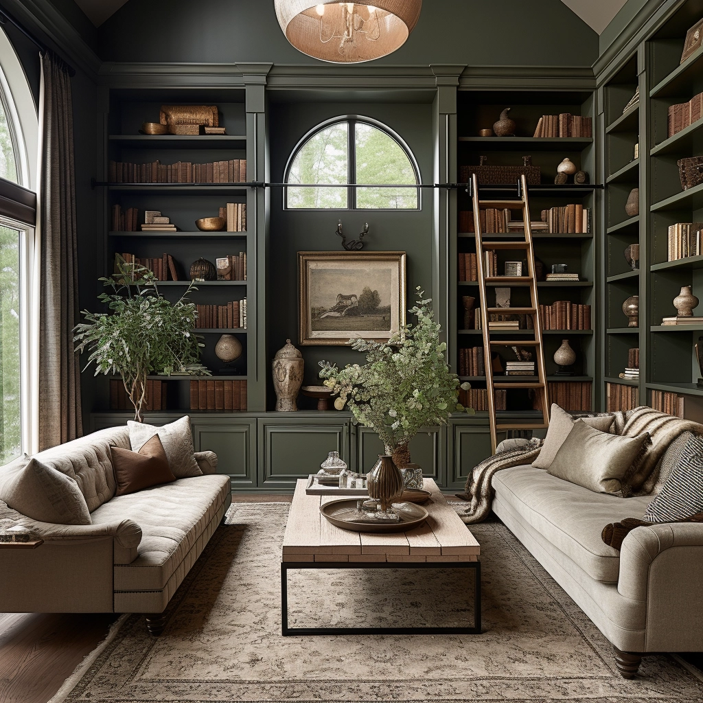 taupe and olive green home library