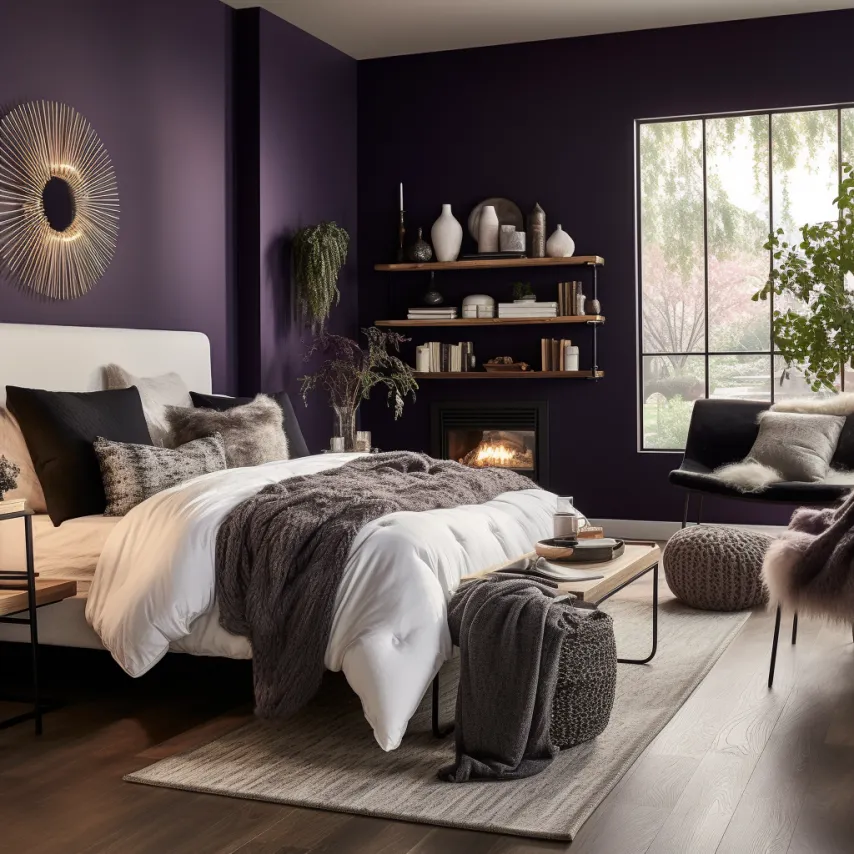 warm bedroom with dark purple walls