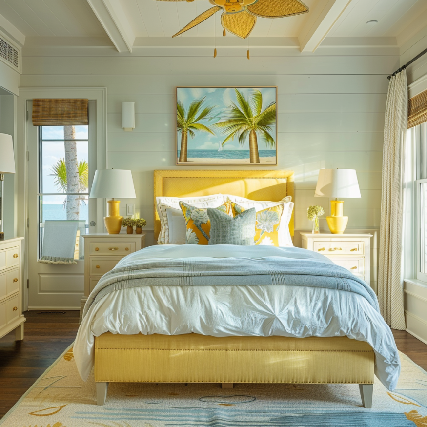 beach house bedroom with yellow accents
