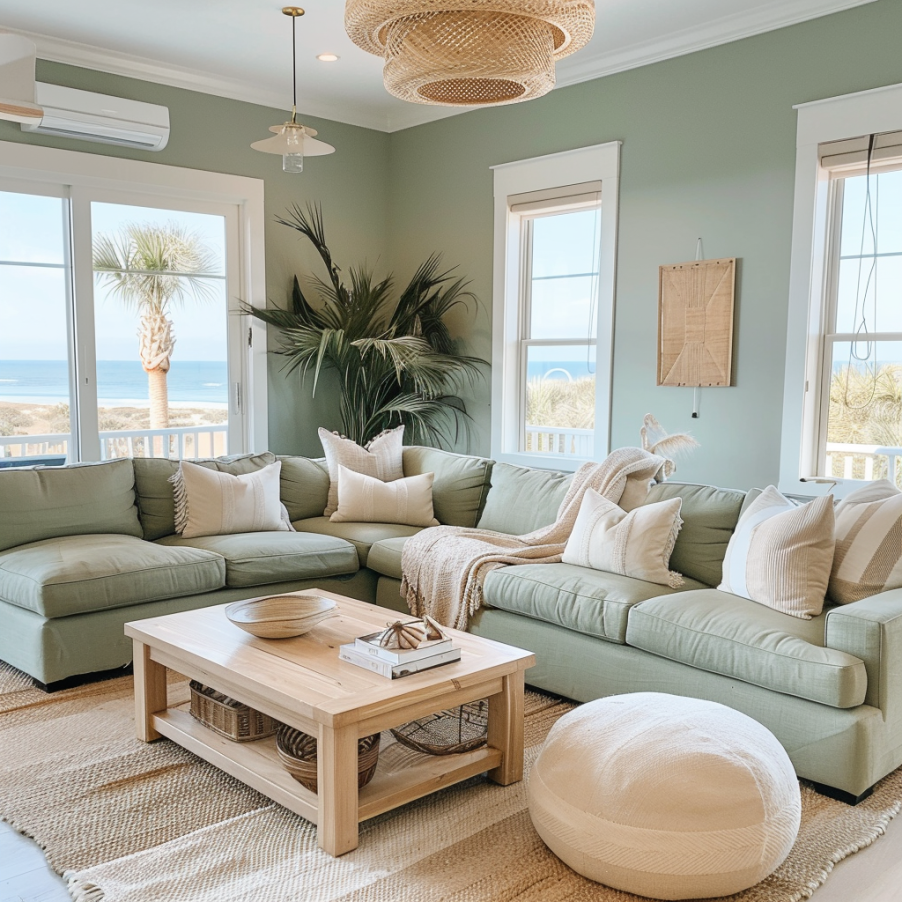 beachy sage green living room