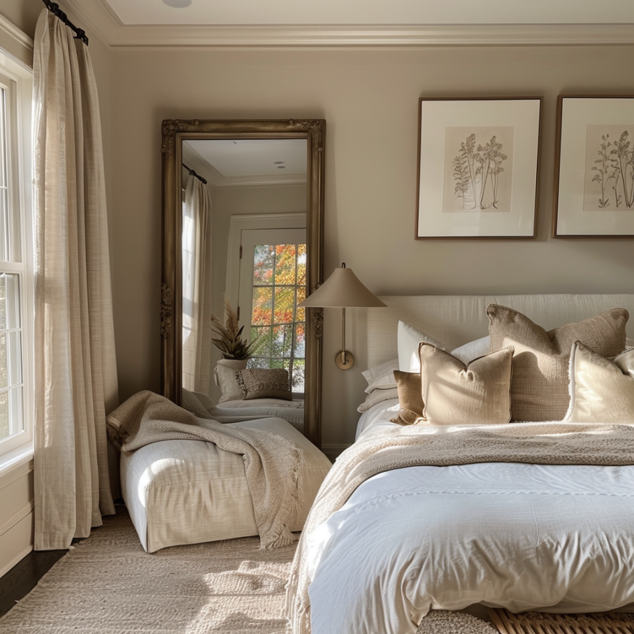 beige bedroom with a mirror