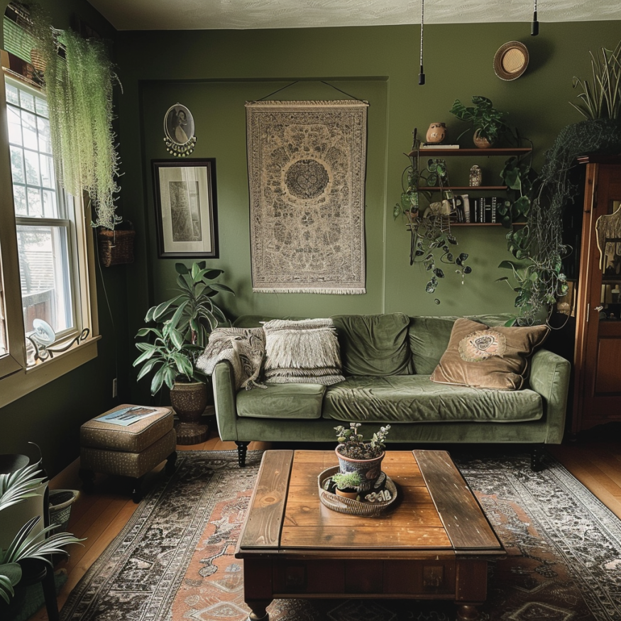 boho sage green living room
