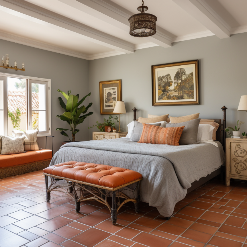 gray and terra cotta bedroom