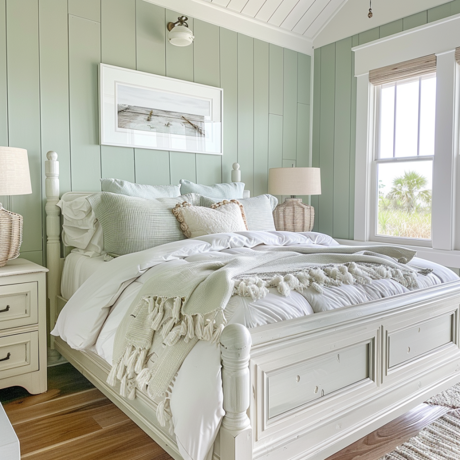 green and white beach house bedroom