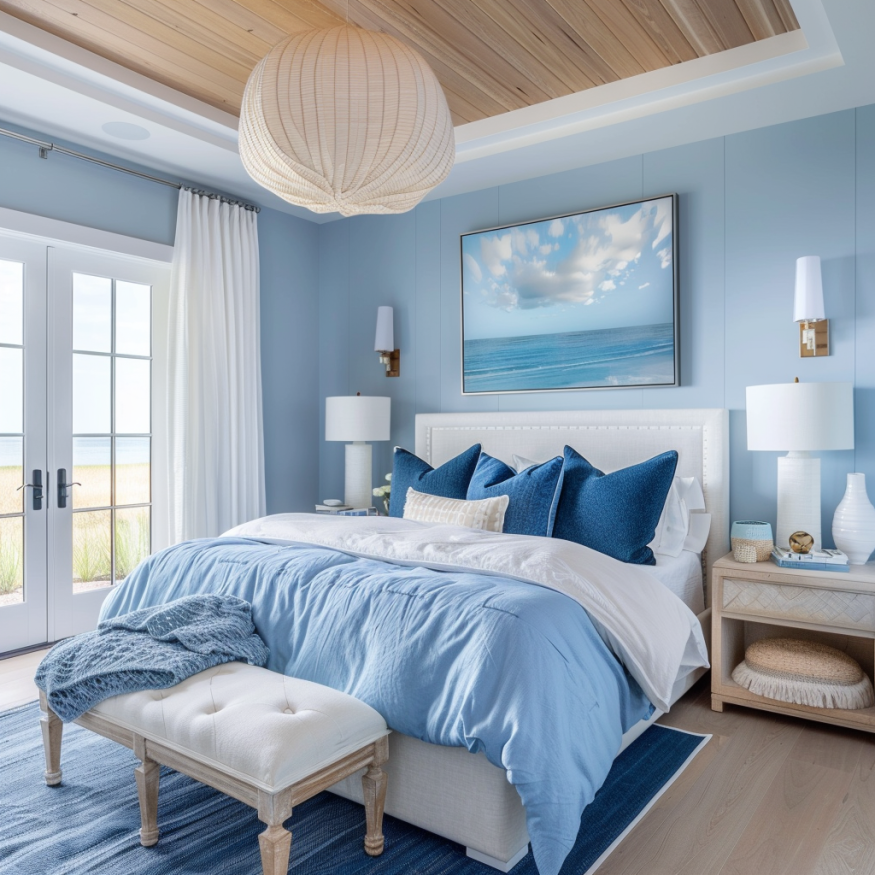 light blue and navy blue beach house bedroom