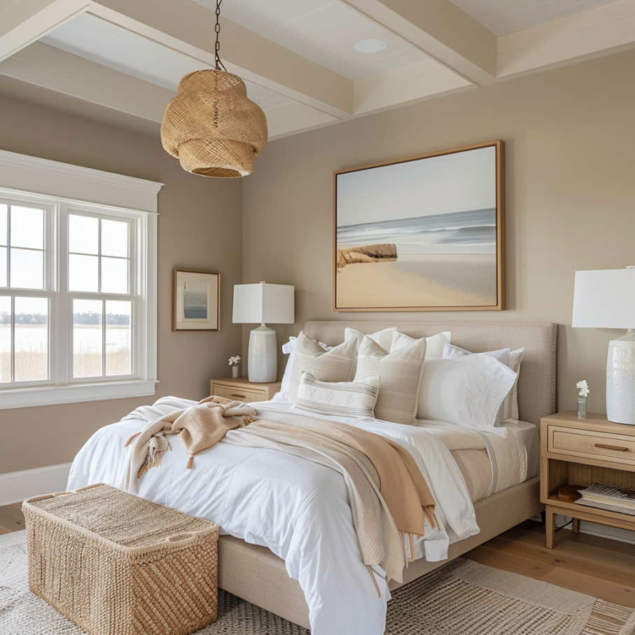 neutral beige beach house bedroom