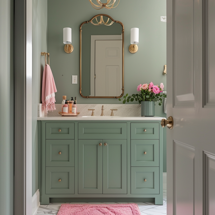 sage green bathroom cabinet with pink decor
