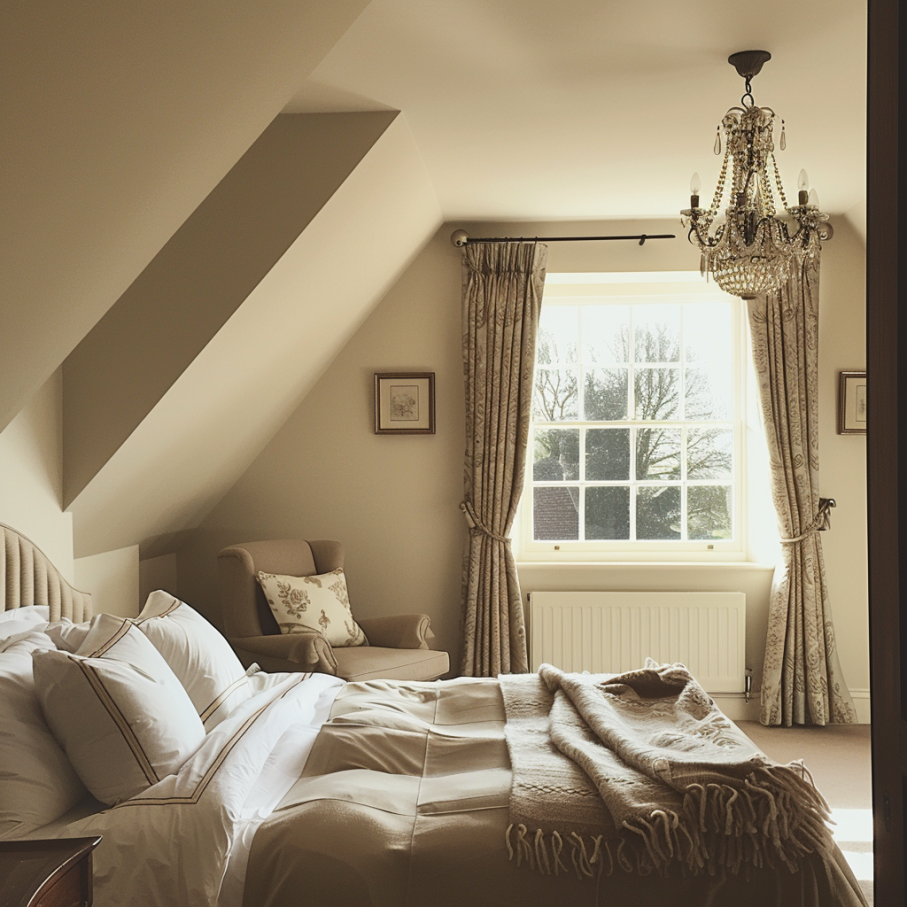 warmly lit beige bedroom
